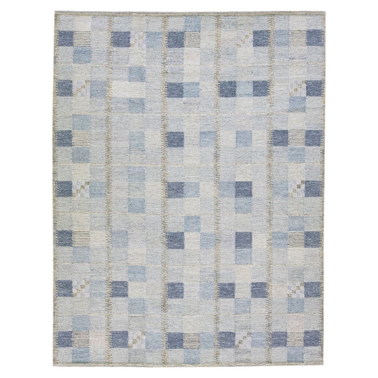 Check Wool Rug Large Modern Scandinavian Blue and Gray Handmade Wool Rug with Check Pattern ...