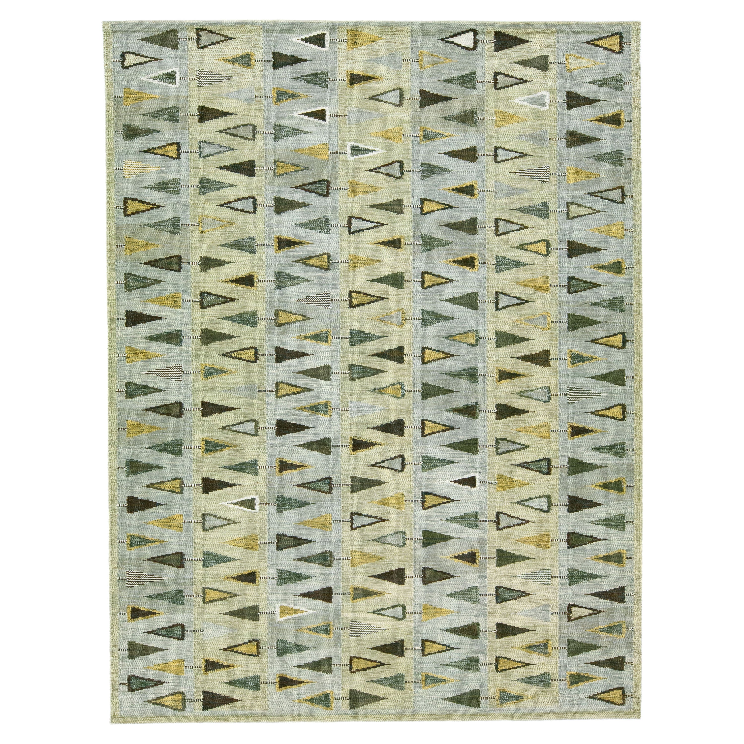 Green Modern Scandinavian Handmade Wool Rug with Geometric Pattern