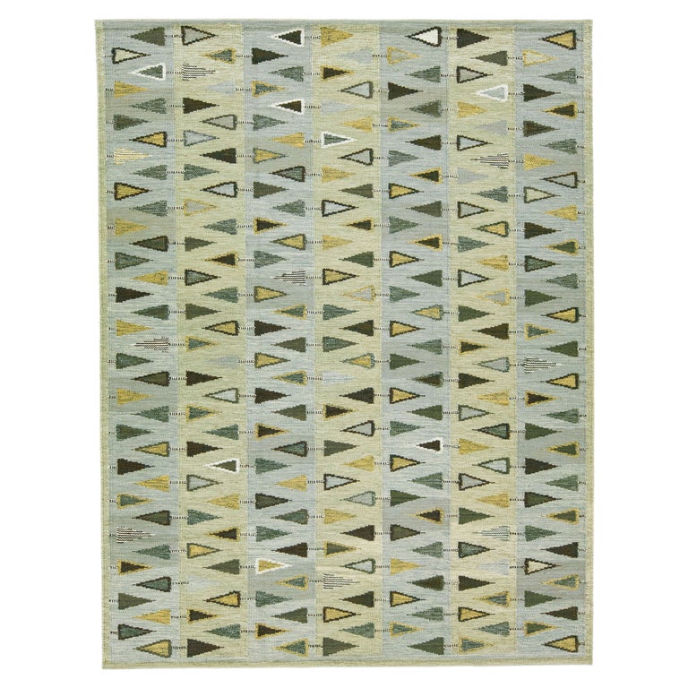 Green Modern Scandinavian Handmade Wool Rug with Geometric Pattern For Sale