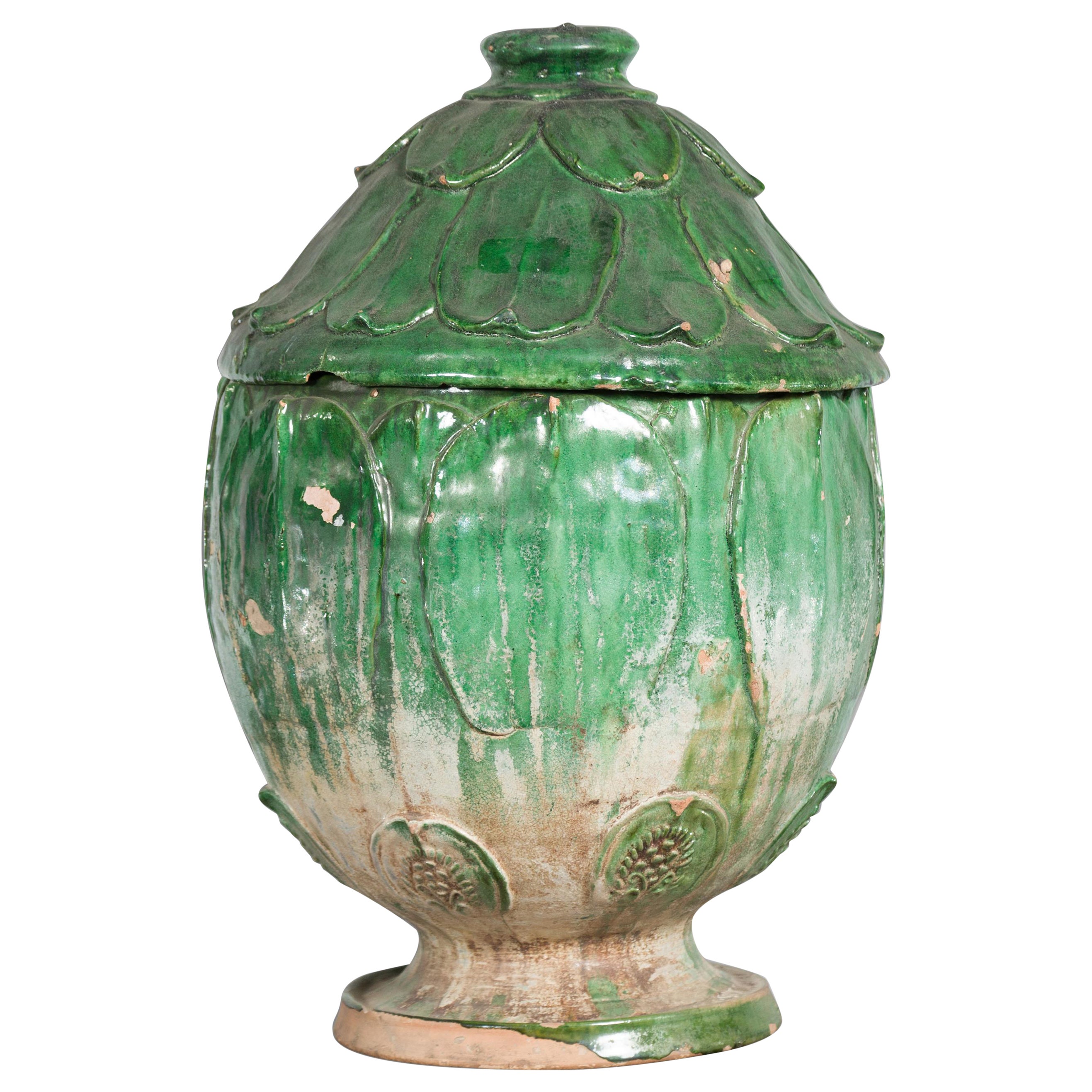 14th Century Yuan Dynasty leaf-green glazed lotus burial jar For Sale