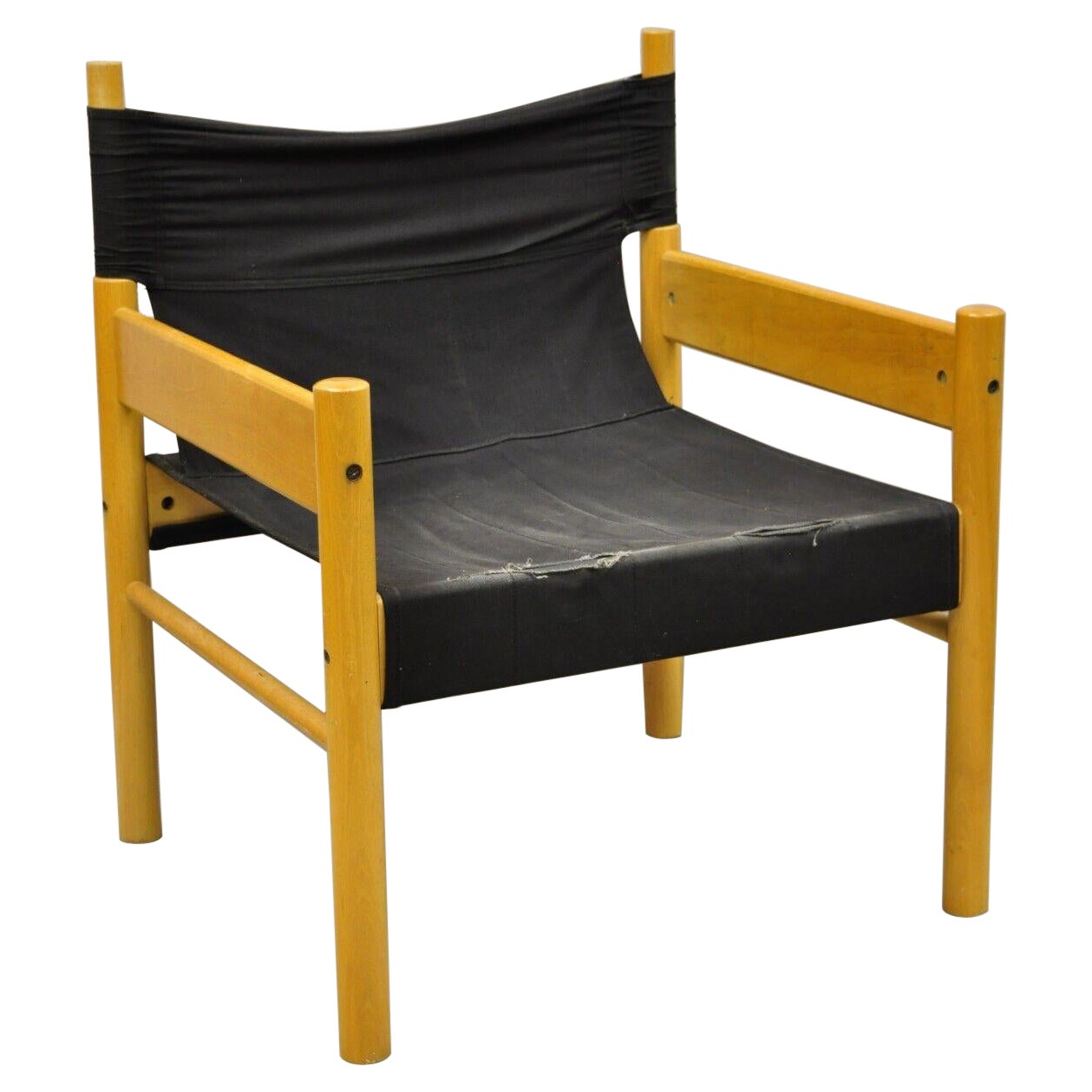 Vintage Scandinavian Modern Birch Wood Lounge Chair with Black Canvas Seat For Sale