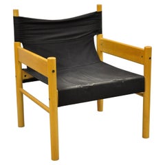 Vintage Scandinavian Modern Birch Wood Lounge Chair with Black Canvas Seat