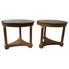 Pair of 1870s French Empire Burl Wood Round Side Tables with Marble Tops