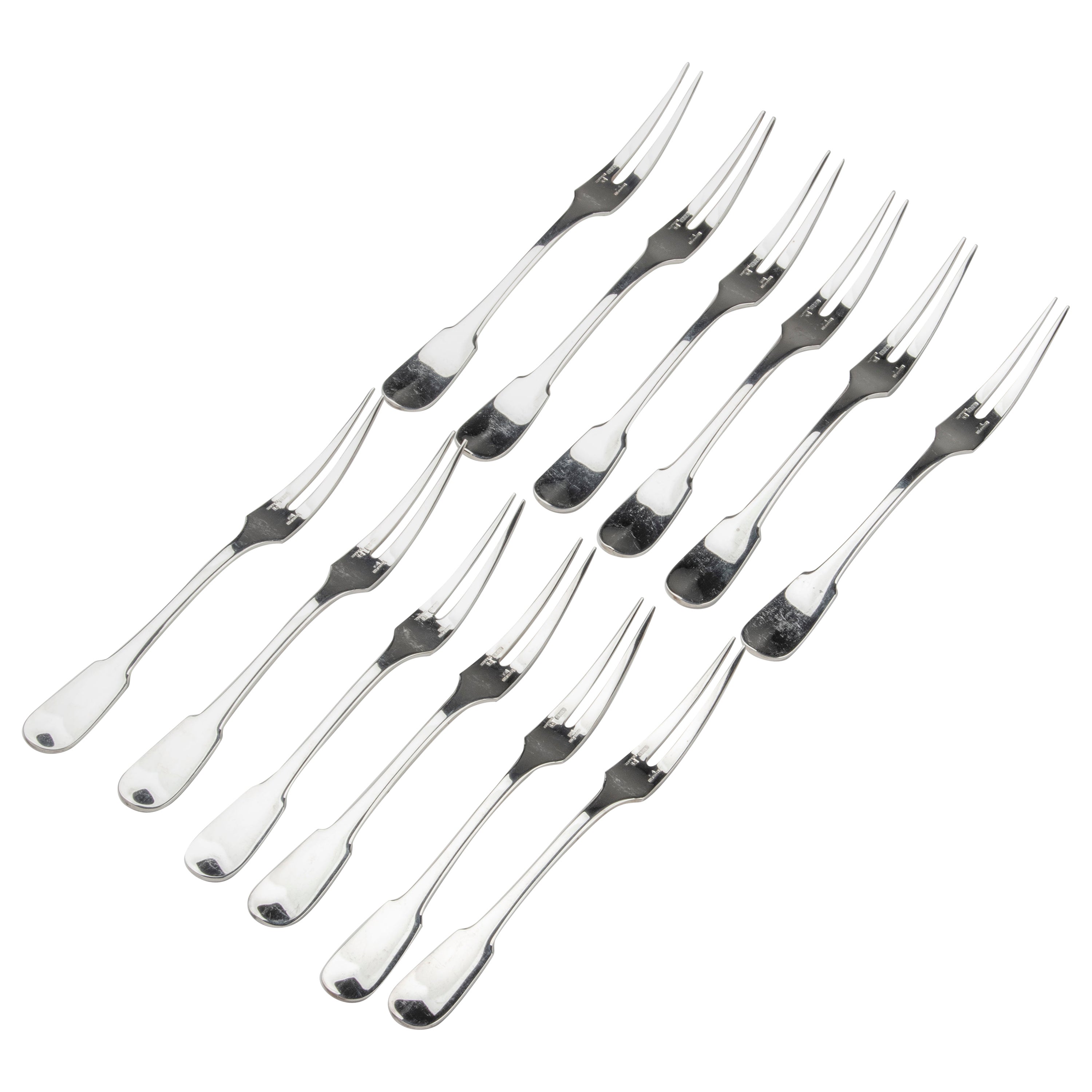 Set of 12 Silver Plated Seafood Forks Made by Christofle Model Cluny