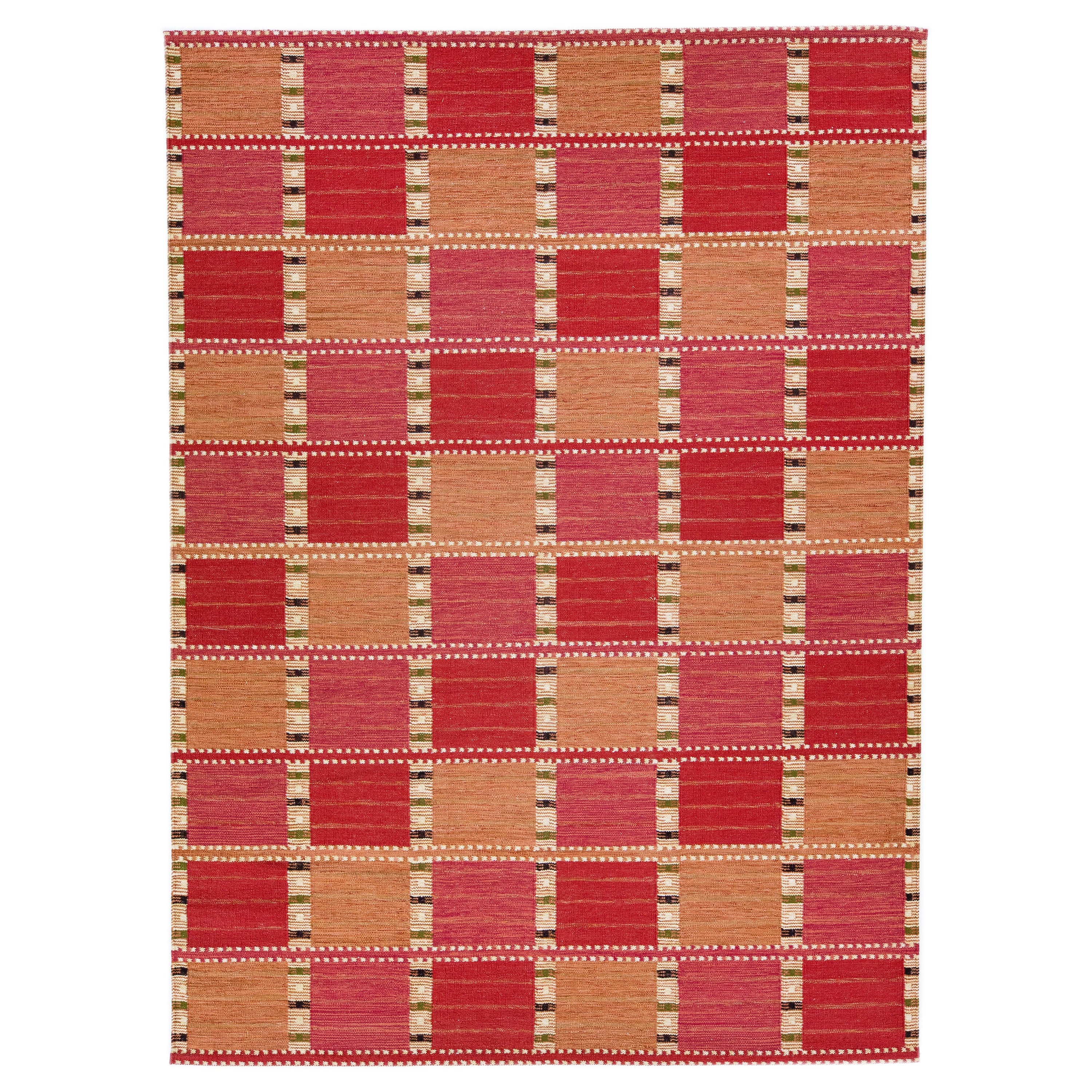 Moderner moderner skandinavischer handgefertigter geometrischer Wollteppich in Rot und Orange