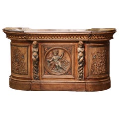 Meuble de bar en chêne sculpté du début du 19ème siècle de style Renaissance française avec plateau en métal