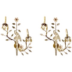 Pair of Large Rock Crystal Bird Sconces by Maison Bagues