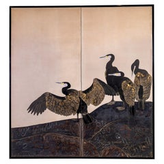 Japanese Two Panel Screen: Cormorants on a Rocky Outcrop