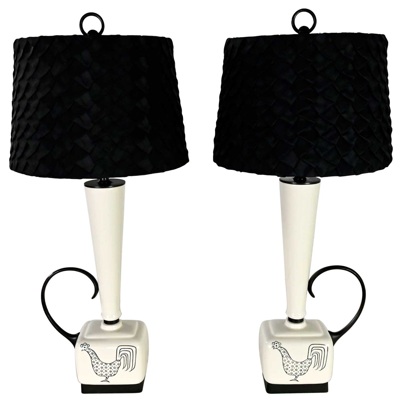 Mid-Century Modern Black and White Ceramic Lamps w/ Rooster Design, a Pair For Sale