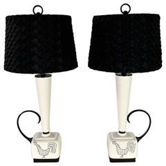 Mid-Century Modern Black and White Ceramic Lamps w/ Rooster Design, a Pair