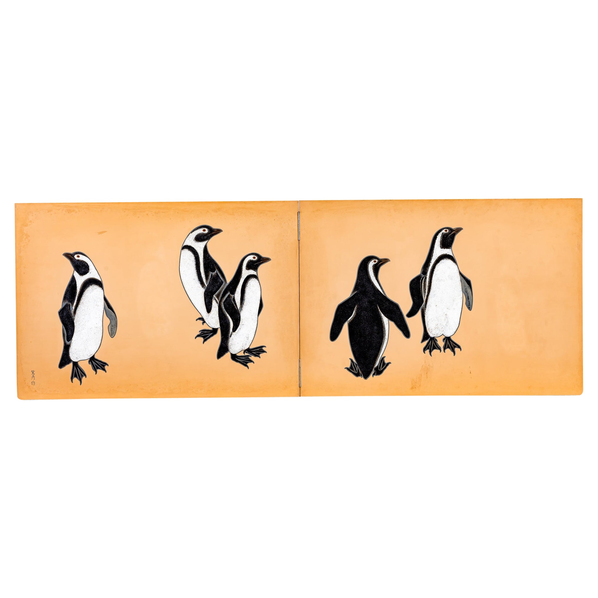 Japanese Two Panel Screen: Lacquer Penguins