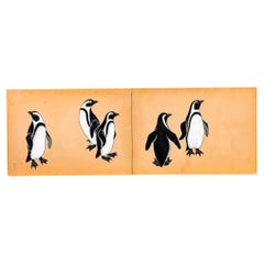 Japanese Two Panel Screen: Lacquer Penguins