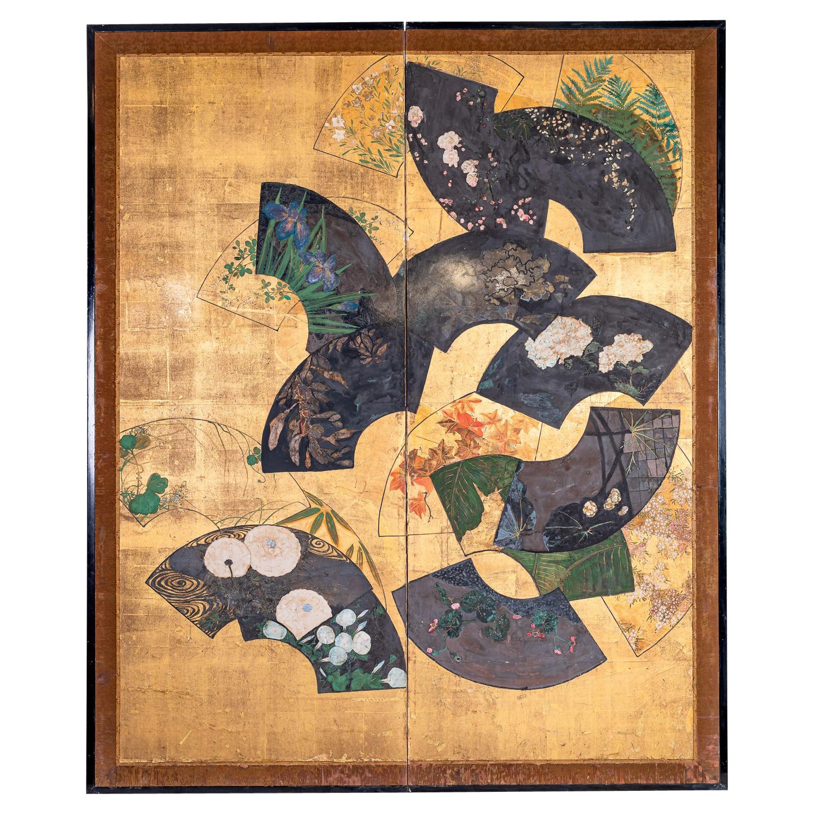 Japanese Two Panel Screen: Painted Fans on Gold Leaf