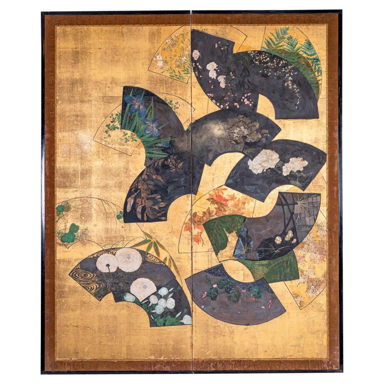 Japanese Two Panel Screen: Painted Fans on Gold Leaf For Sale
