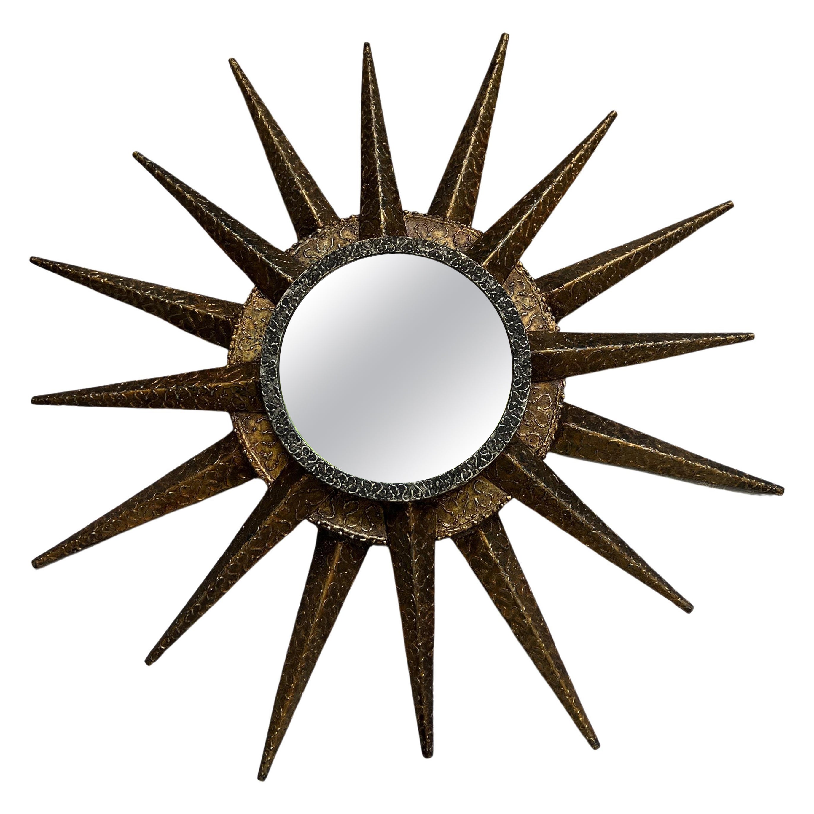 French Mid Century Brutalist Sunburst Mirror For Sale