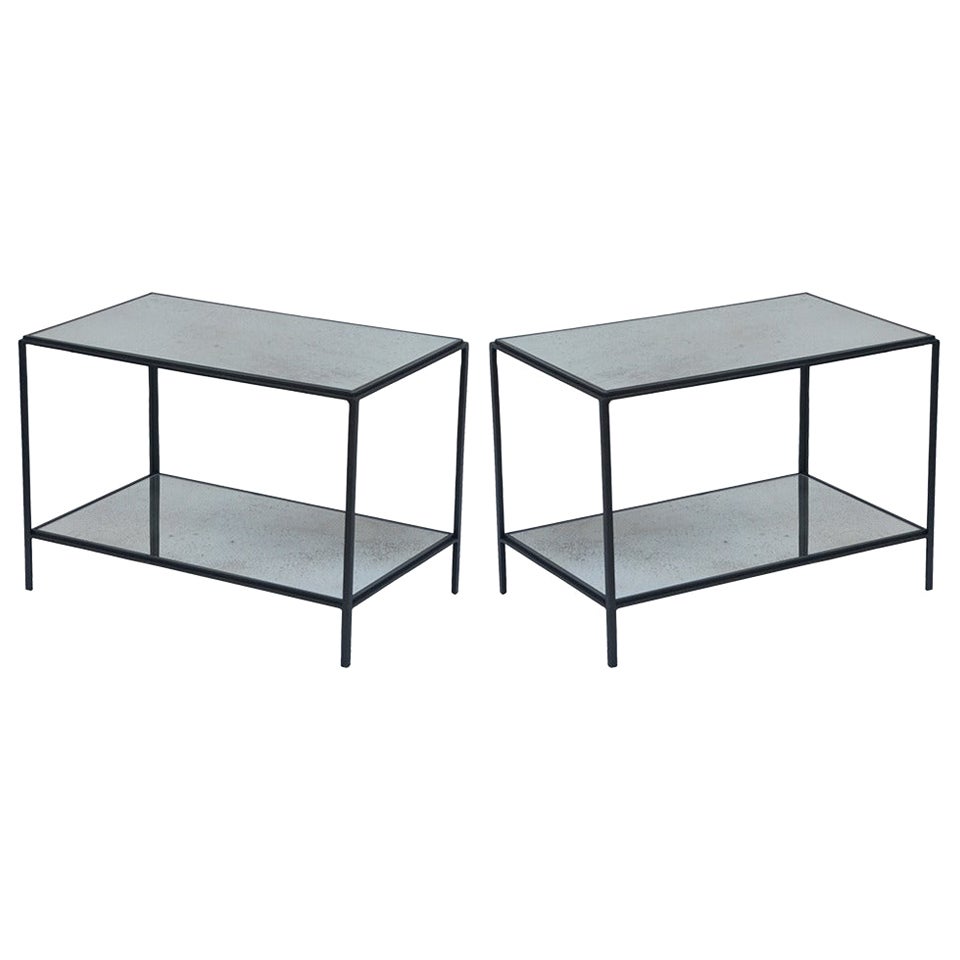 Pair of 'Rectiligne' Wrought Iron and Mirror End Tables by Design Frères