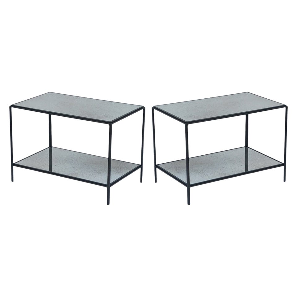 Pair of 'Rectiligne' Wrought Iron and Mirror End Tables by Design Frères