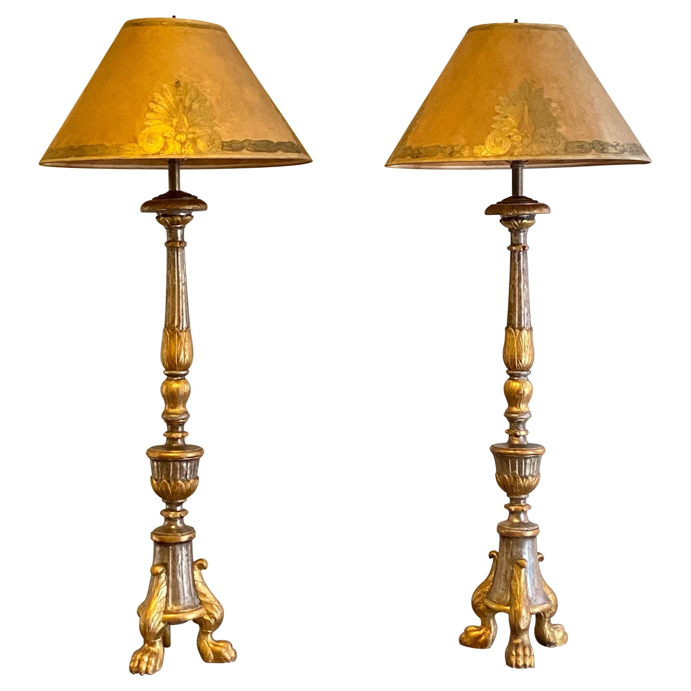 Tall 18th Century Continental Silvered and Gilt Candle Stand Lamps