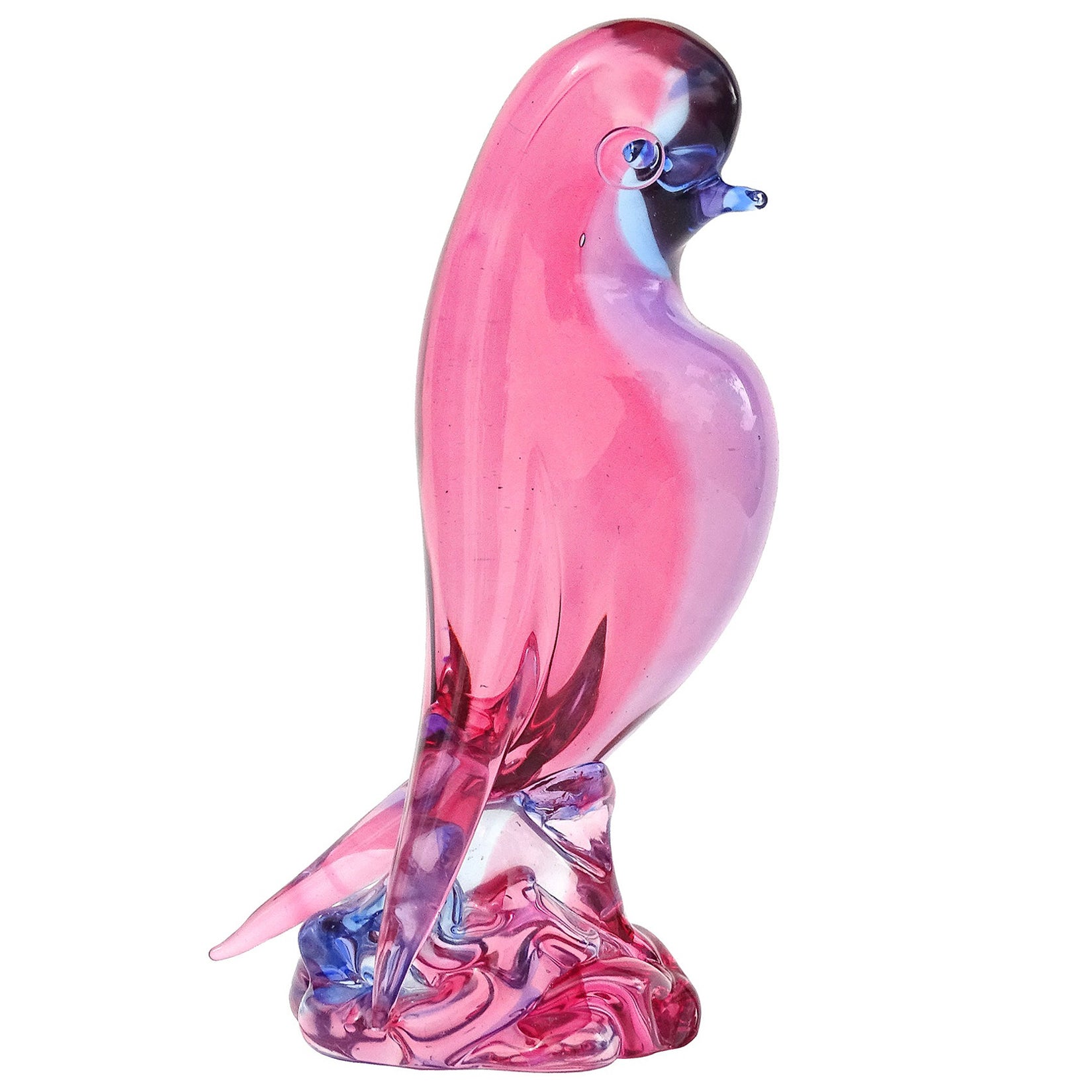 Sculpture d'oiseau en verre d'art italien Seguso Vetri d'Arte Murano Sommerso rose et bleu