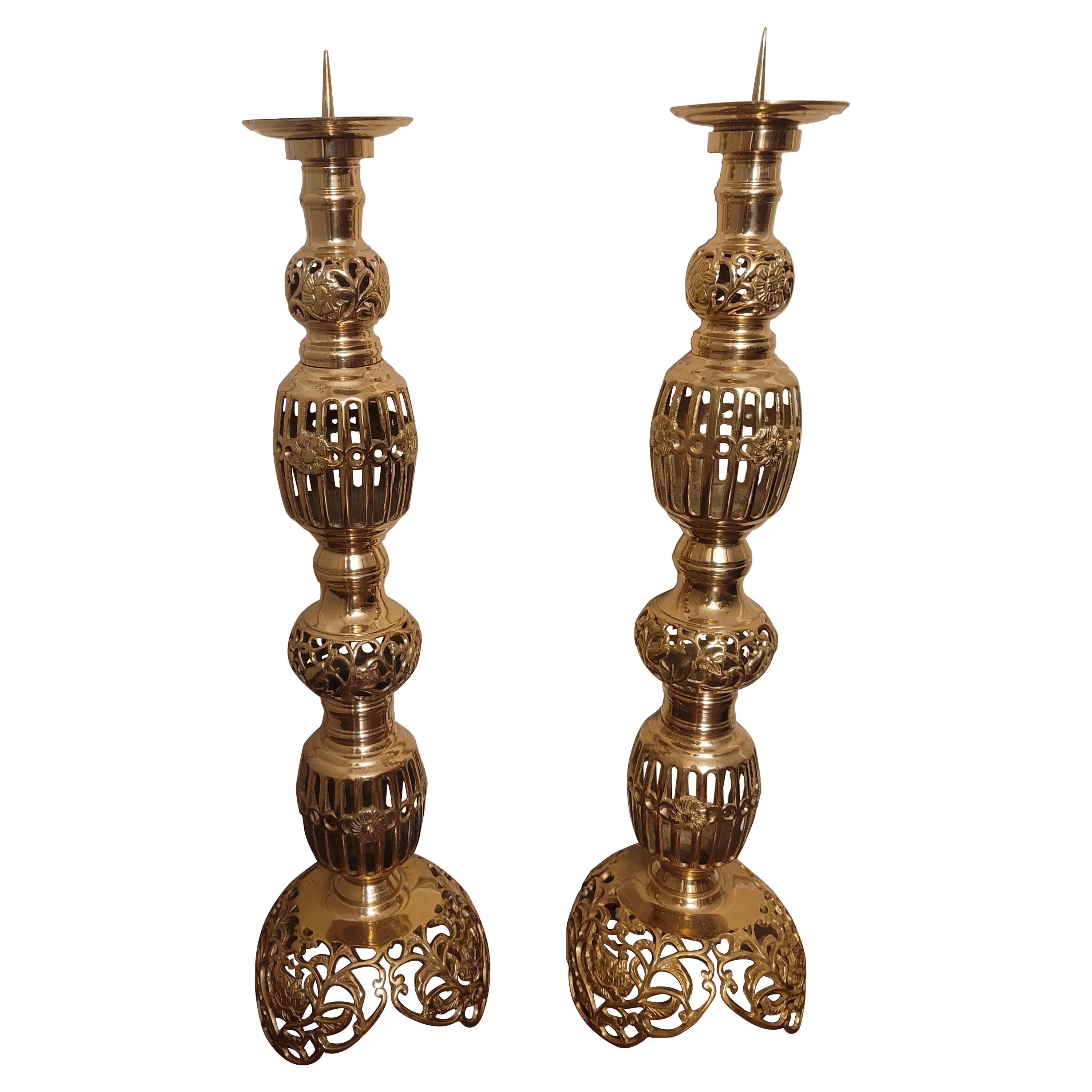 Monumental Japanese James Mont Style Large Solid Brass Candle Holders, a Pair For Sale