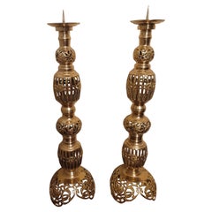 Monumental Japanese James Mont Style Large Solid Brass Candle Holders, a Pair