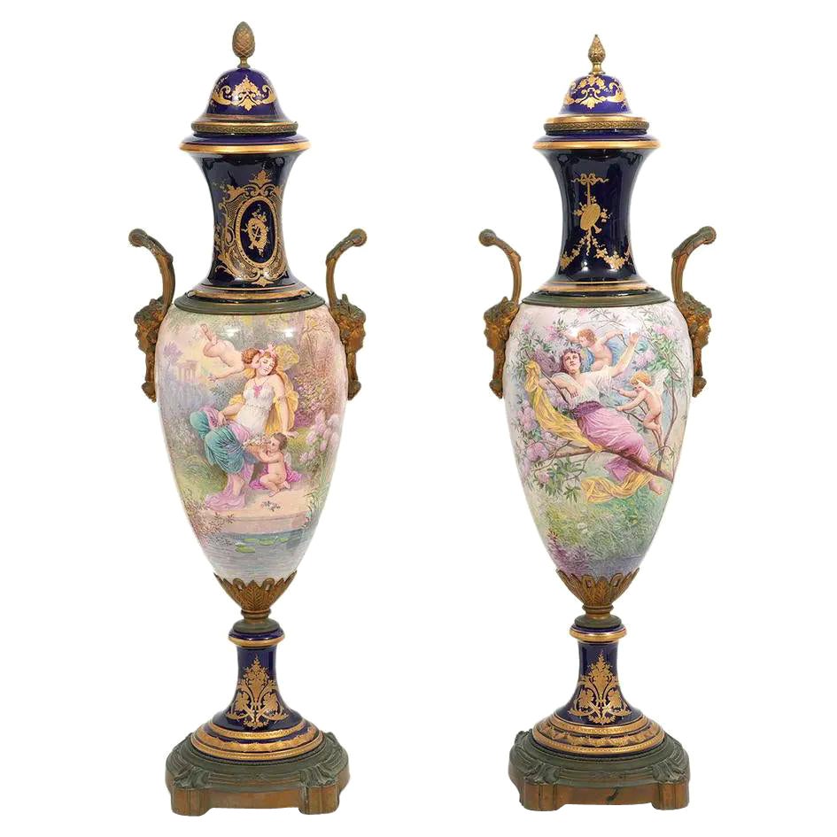 Pair Large Bronze Mounted Sevres Louis XVI Style Porcelain Vases with Covers For Sale