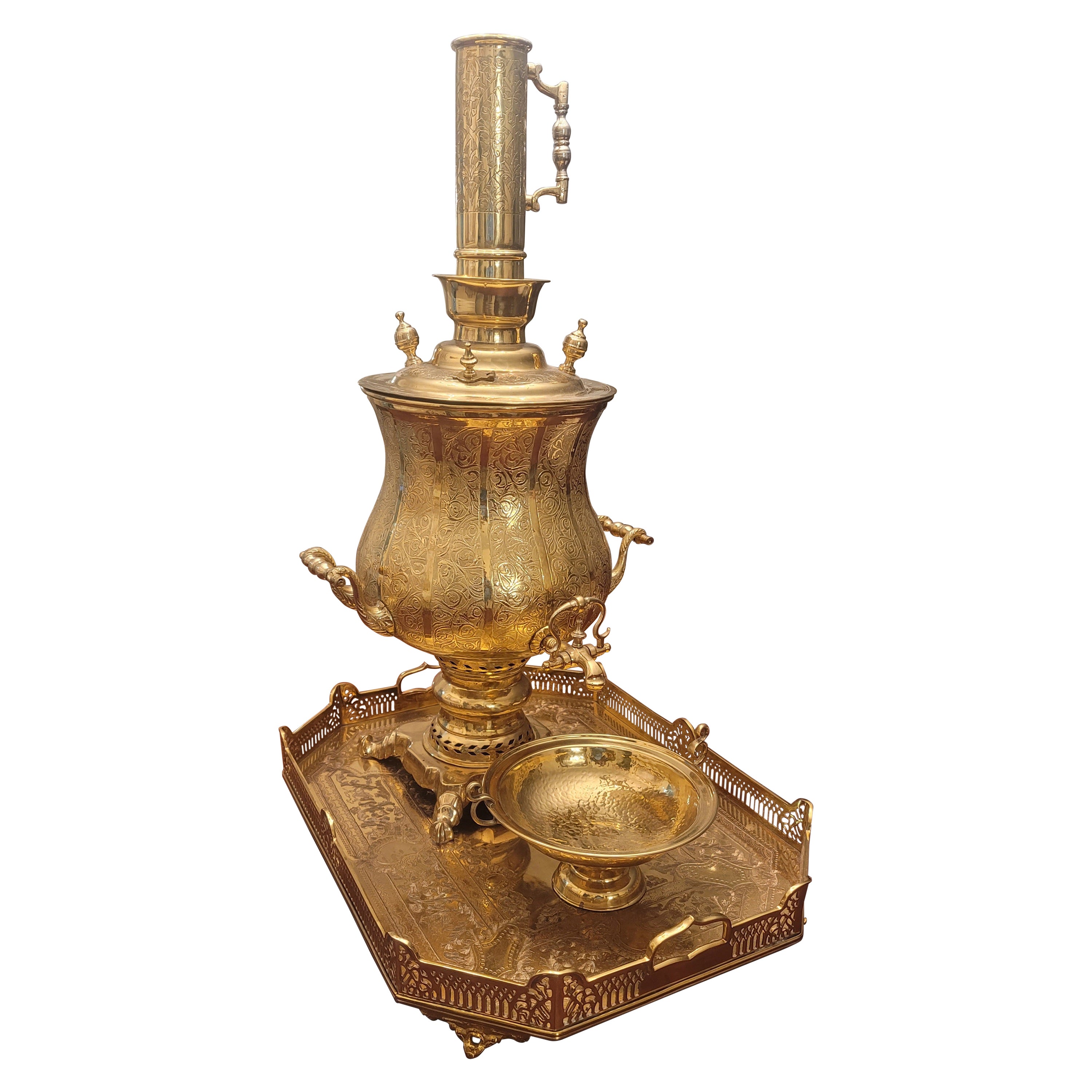 Large Ornate Engraved and Polished Brass Decorative Samovar Set For Sale
