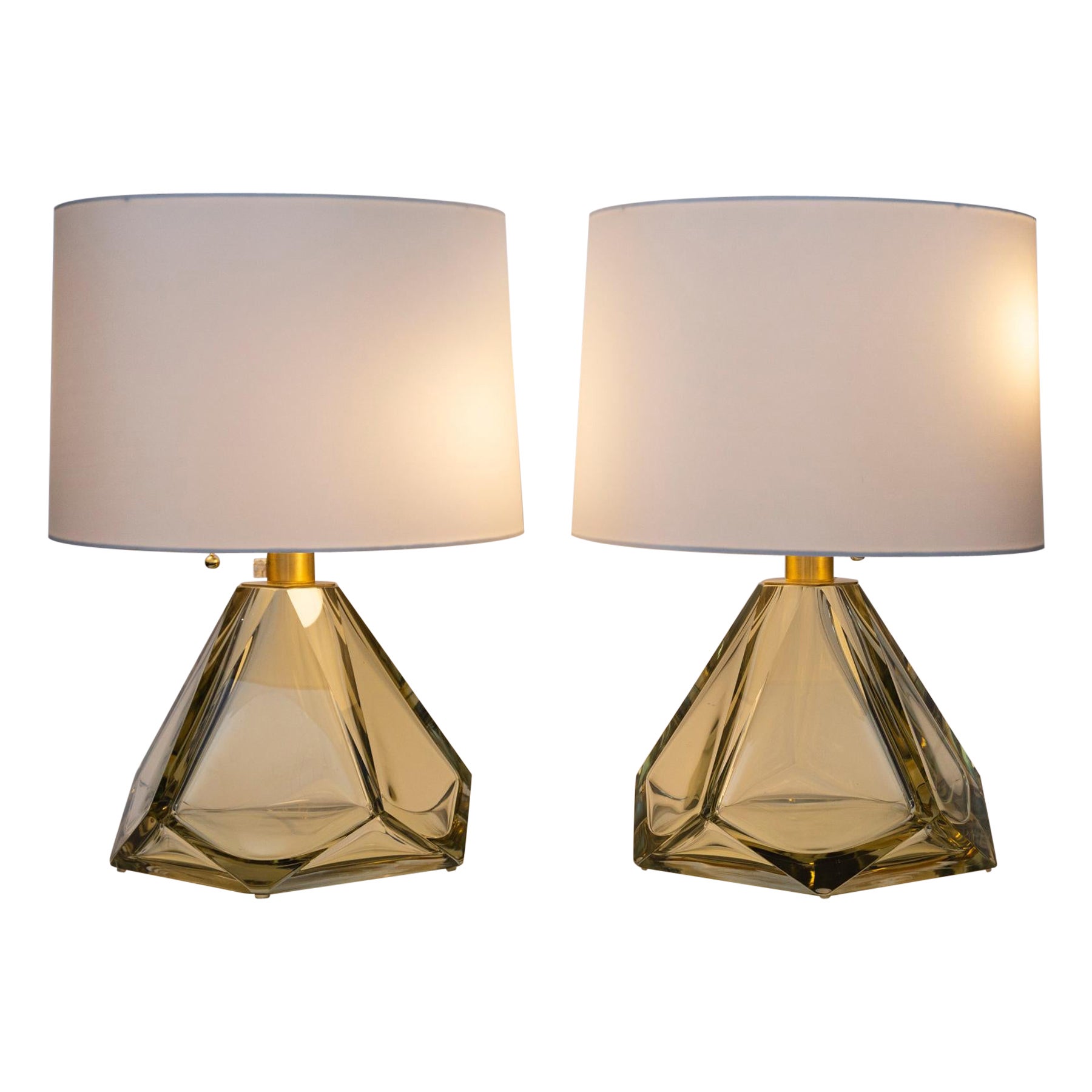 Pair of Large Diamond Faceted Citrine Lamps, Contemporary For Sale