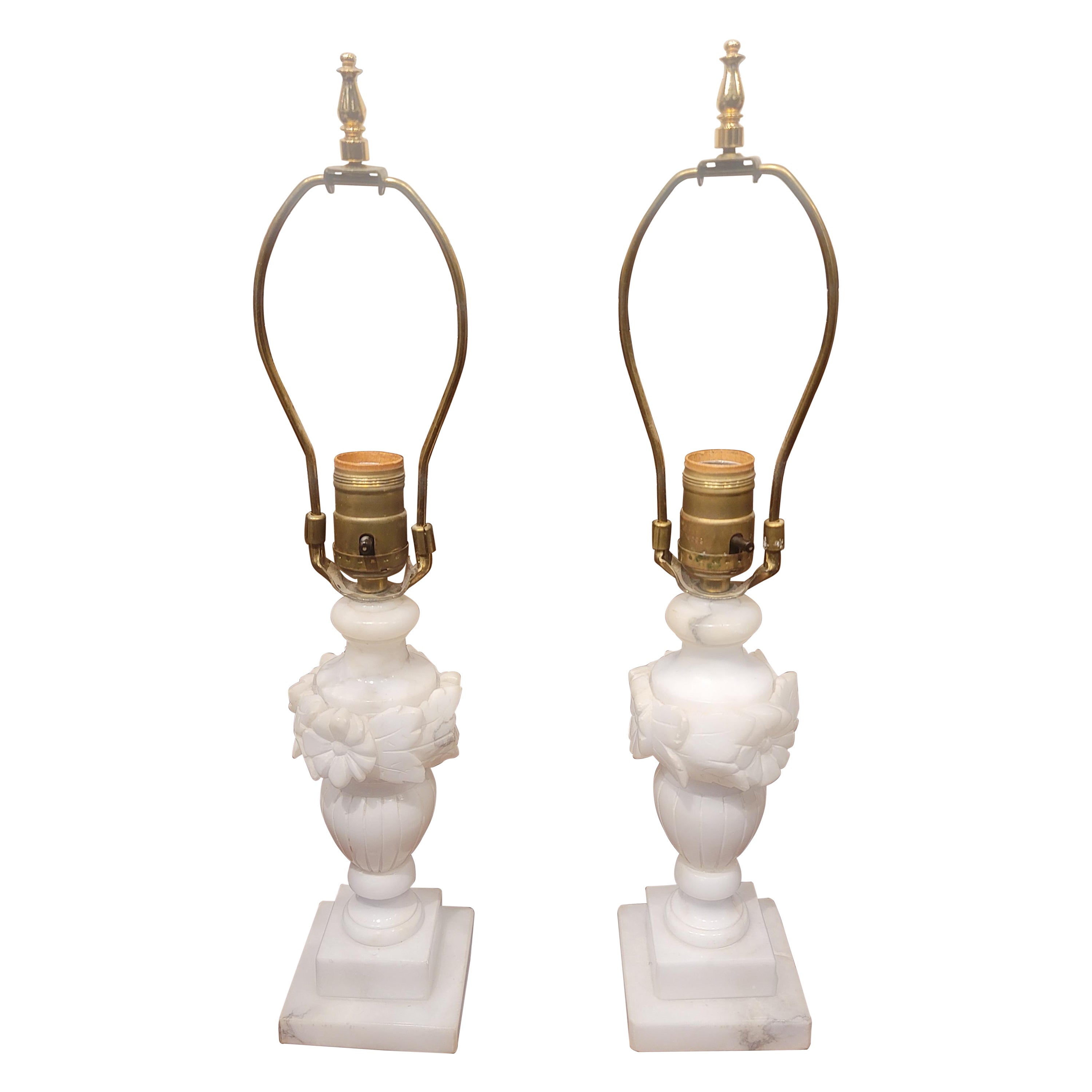 Pair of Italian White Marble Table Lamps For Sale