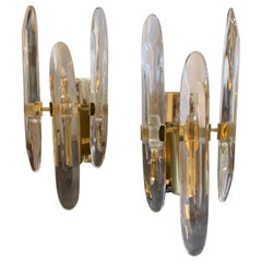 1970s Set of Two Iconic Glass and Brass Italian Wall Sconces by Gaetano Sciolari