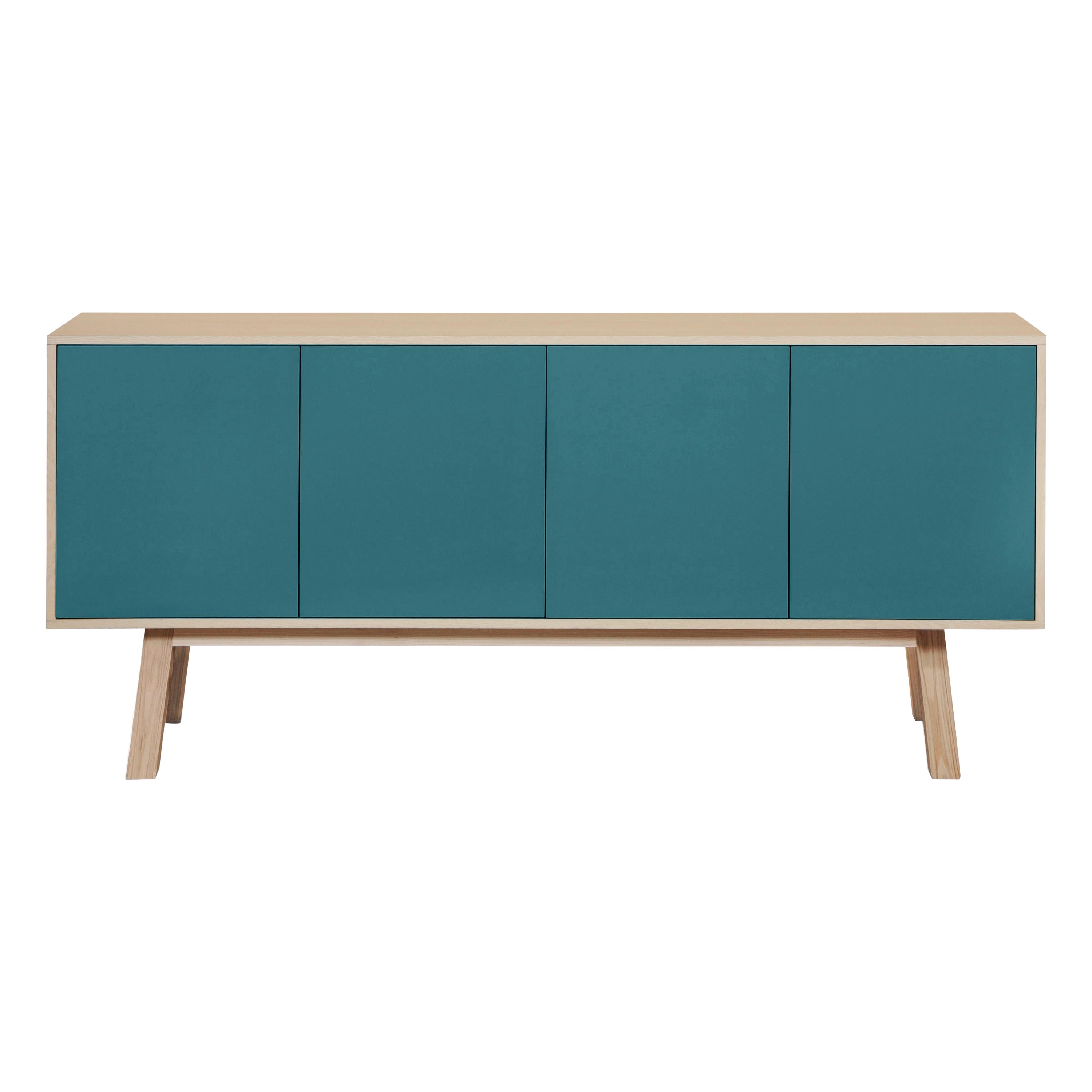 French Sea Blue Wooden 4-Door Sideboard by Eric Gizard Paris Scandinavian Style