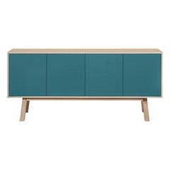French Sea Blue Wooden 4-Door Sideboard by Eric Gizard Paris Scandinavian Style