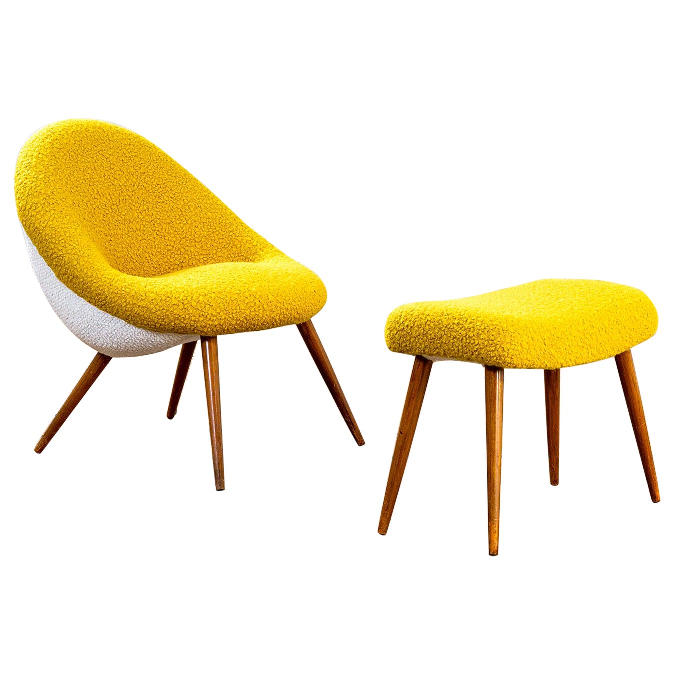 Set aus Sessel und Fußhocker aus Holz und Stoff aus dem 20. Jahrhundert