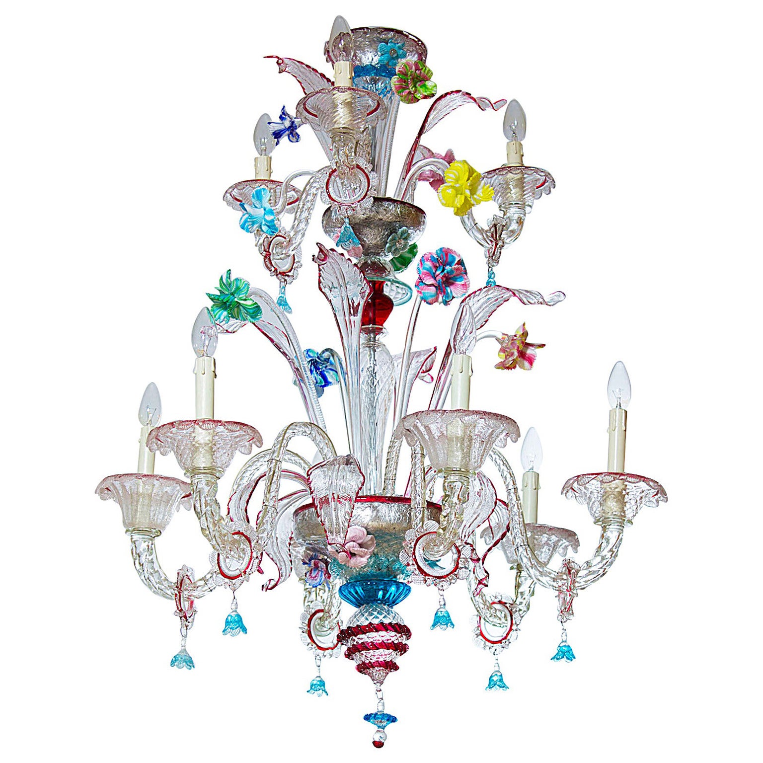 Chandelier in Transparent with Multicolored Finishes, circa 1950s For Sale