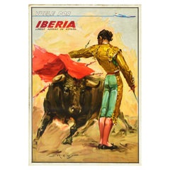 Original Vintage Travel Poster Fly With Iberia Airlines Matador Bull Fight Art