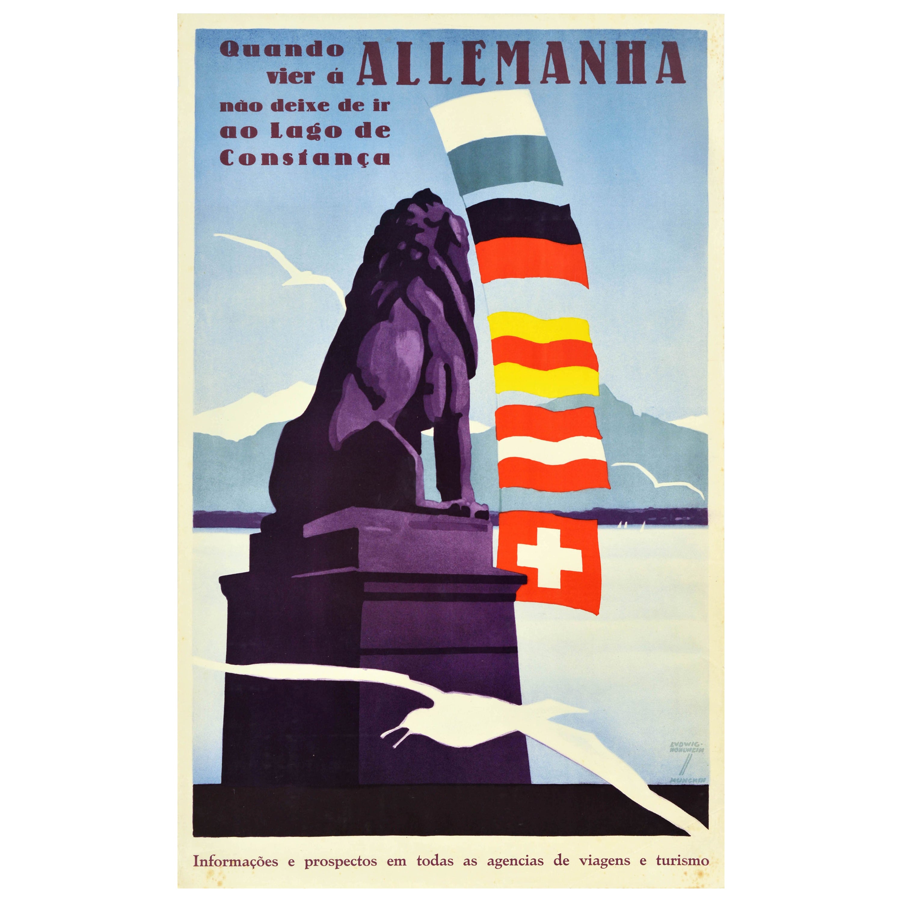 Affiche de voyage vintage d'origine Allemanha lac Constance montagnes Bavière lion en vente