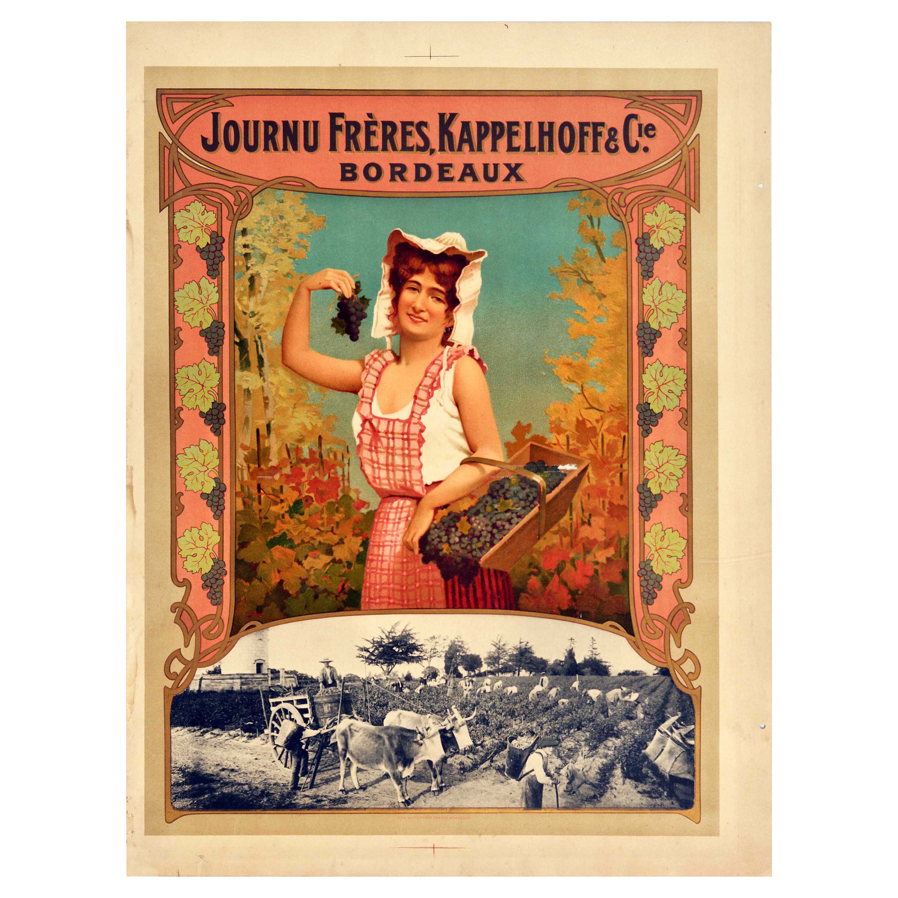 Original Antique Drink Poster For Journu Freres Kappelhoff Bordeaux Wine France