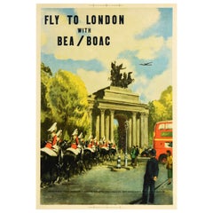 Affiche rétro originale de voyage, London Fly BEA BOAC, Wellington, Gardes des chevaux en arc