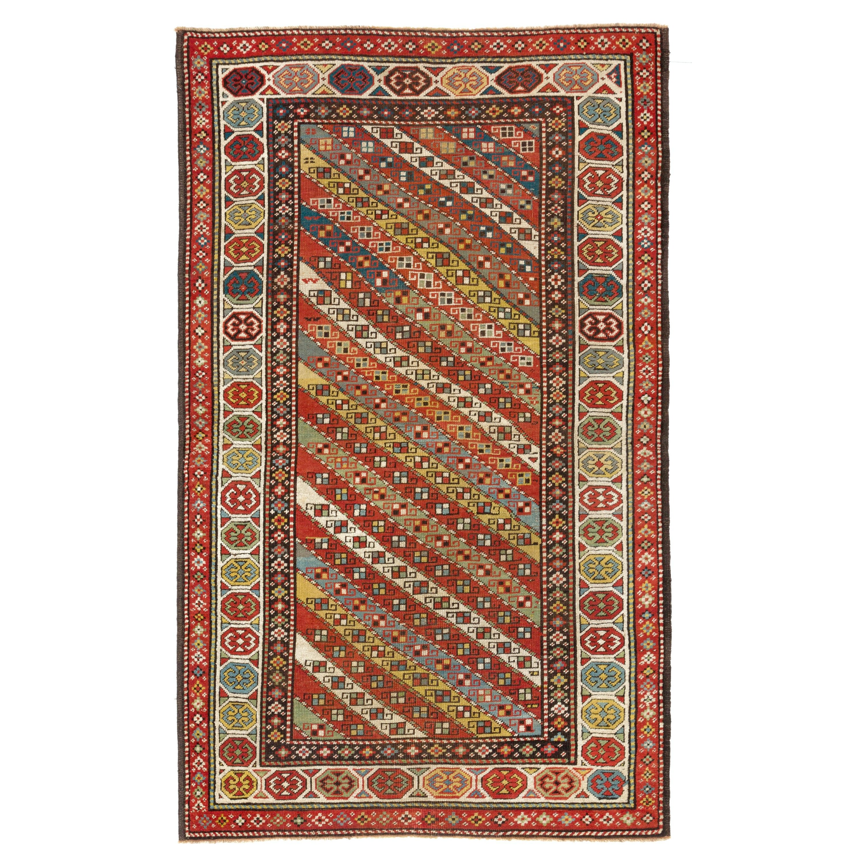 3.9x6.6 Ft  Ancien tapis caucasien Gendje à rayures diagonales colorées, vers 1875