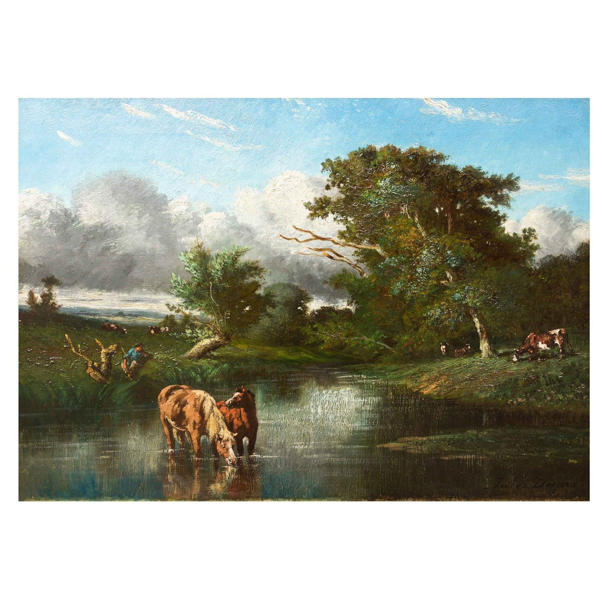 French Barbizon Pastoral Landscape Painting of Horses by Jules Dupré