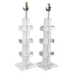 Mid-Century Modern Stacked Lucite Block Table Lamps, a Pair