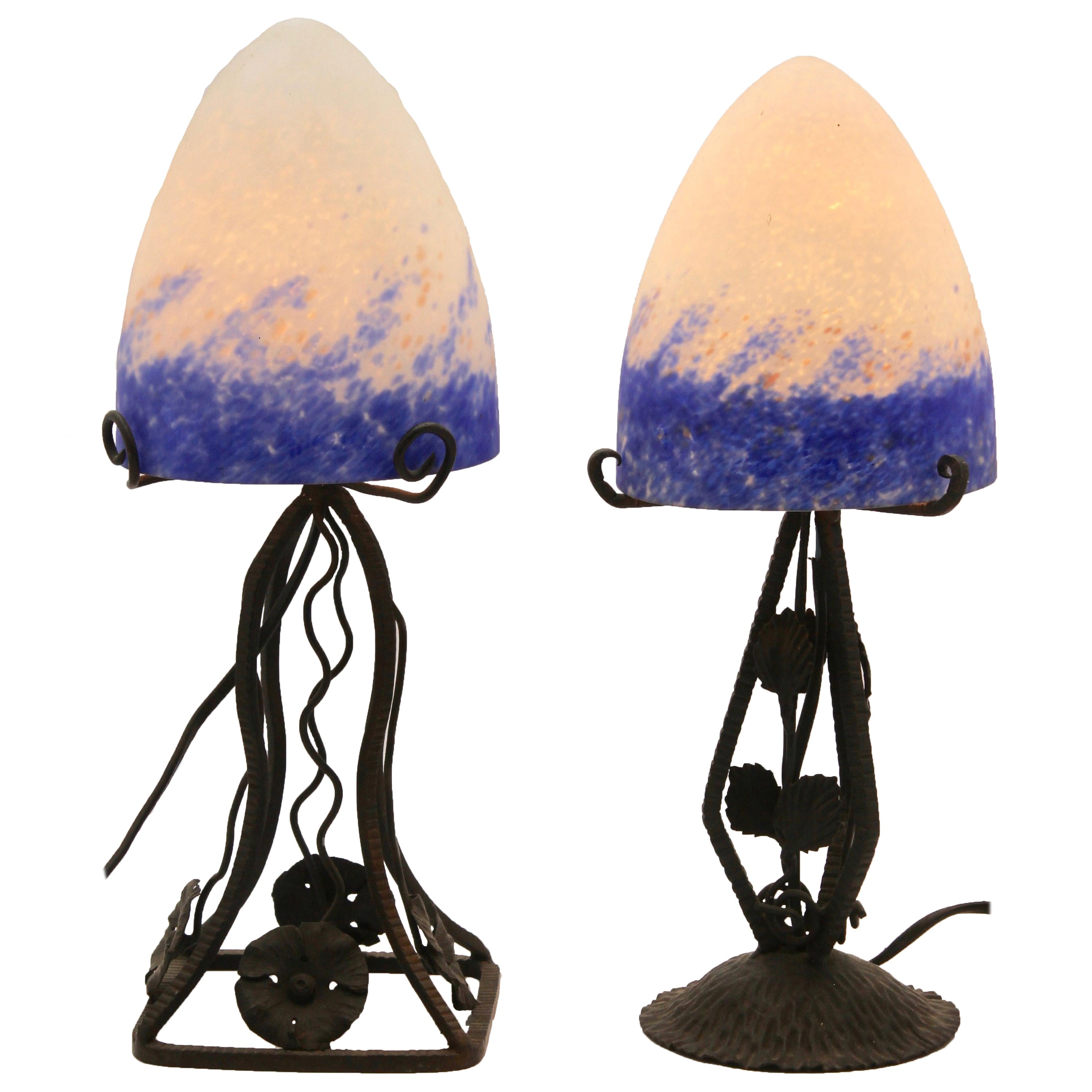 Pair of French Art Deco Lamps in Wrought Iron with Colored Glass Shades Signed For Sale