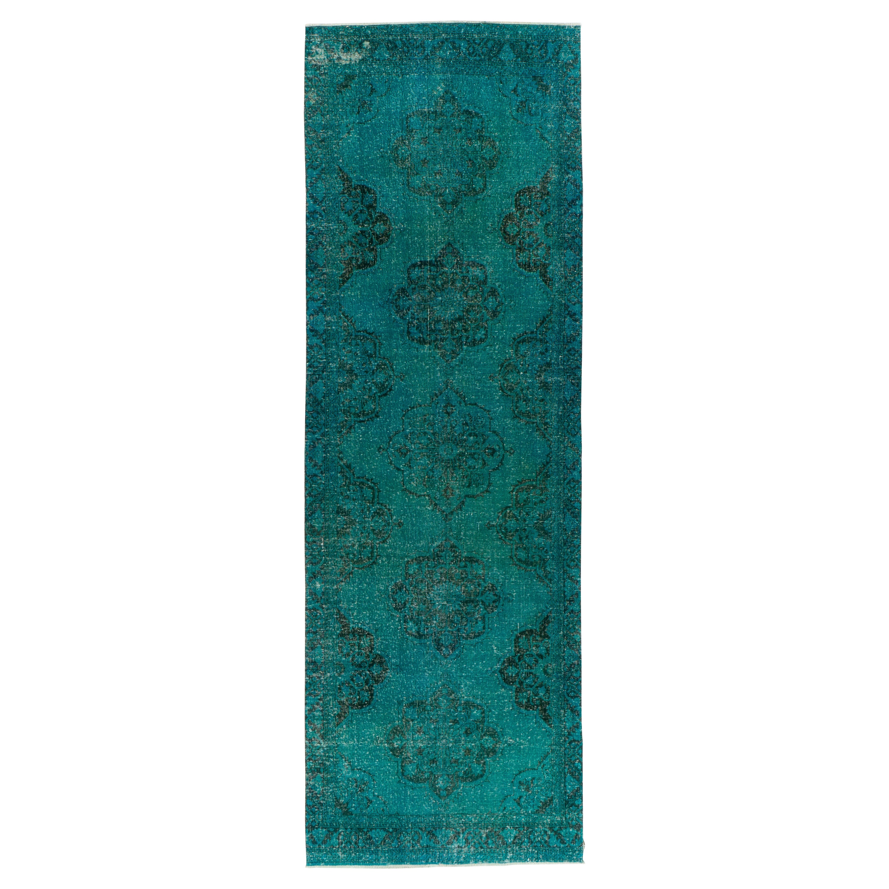 4.6x13 Ft Turkish Hallway Runner Rug in Teal Blue. Contemporary Corridor Carpet For Sale