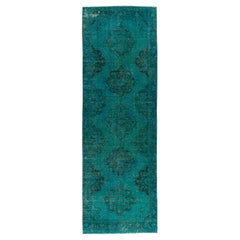 Vintage 4.6x13 Ft Turkish Hallway Runner Rug in Teal Blue. Contemporary Corridor Carpet