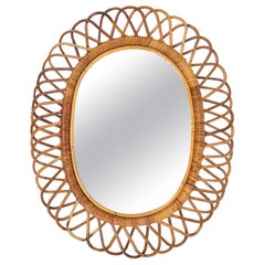 Mid-Century Rattan and Bamboo Oval Wall Mirror, Italy 1960s