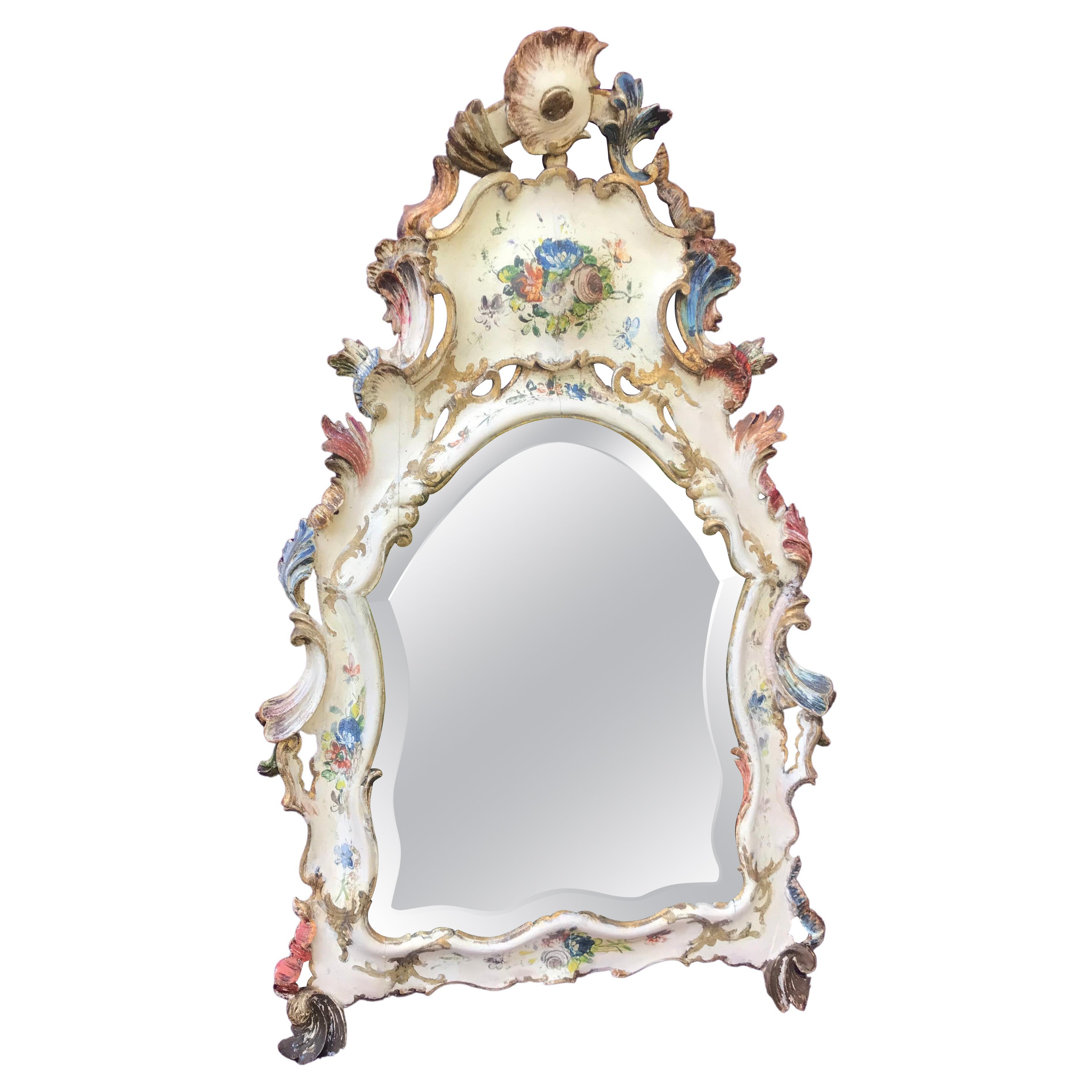 Venetian Hand Painted and Carved Floral Decorated Wall Mirror For Sale