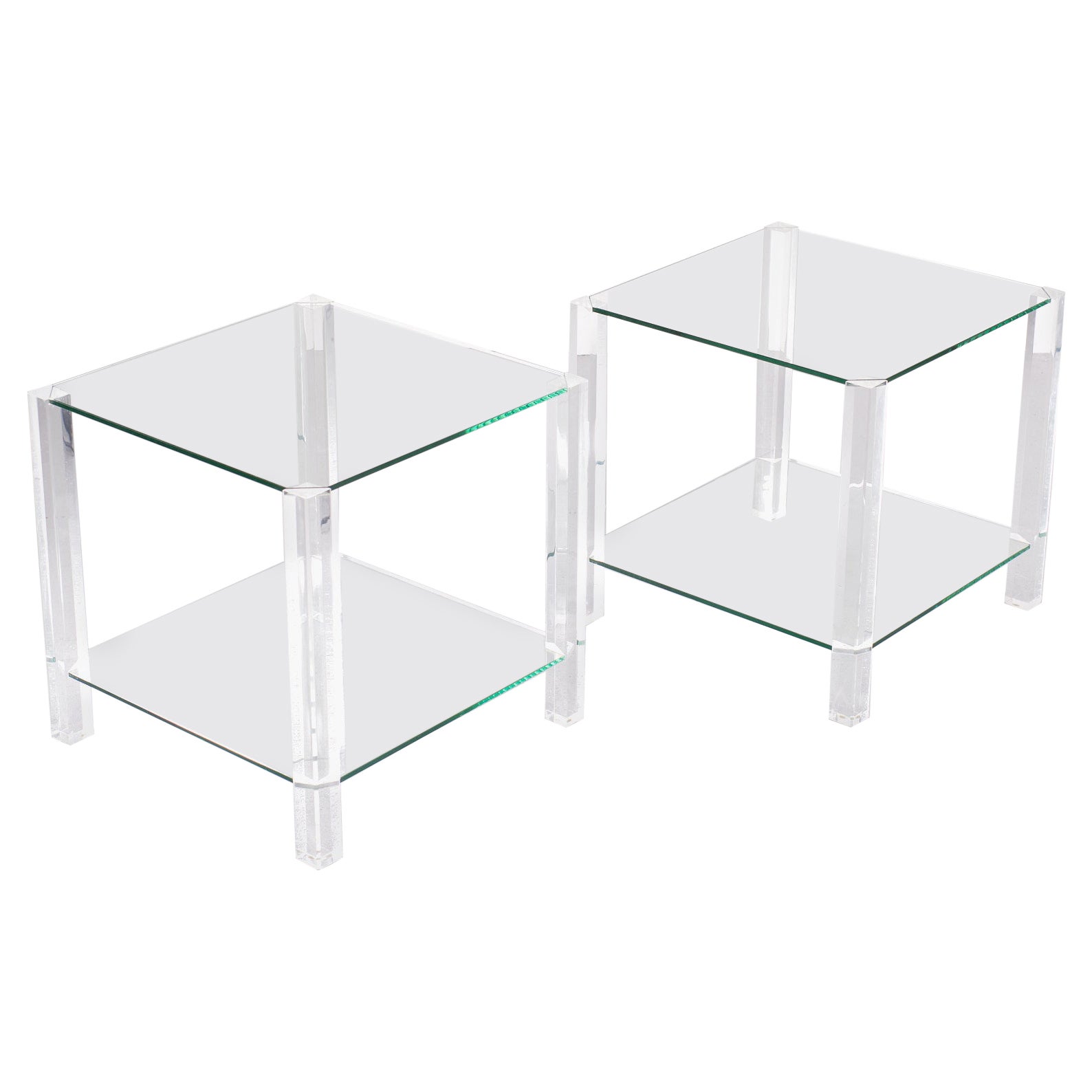 Two Tier Lucite Glass Square Side Tables, 1970s, France For Sale