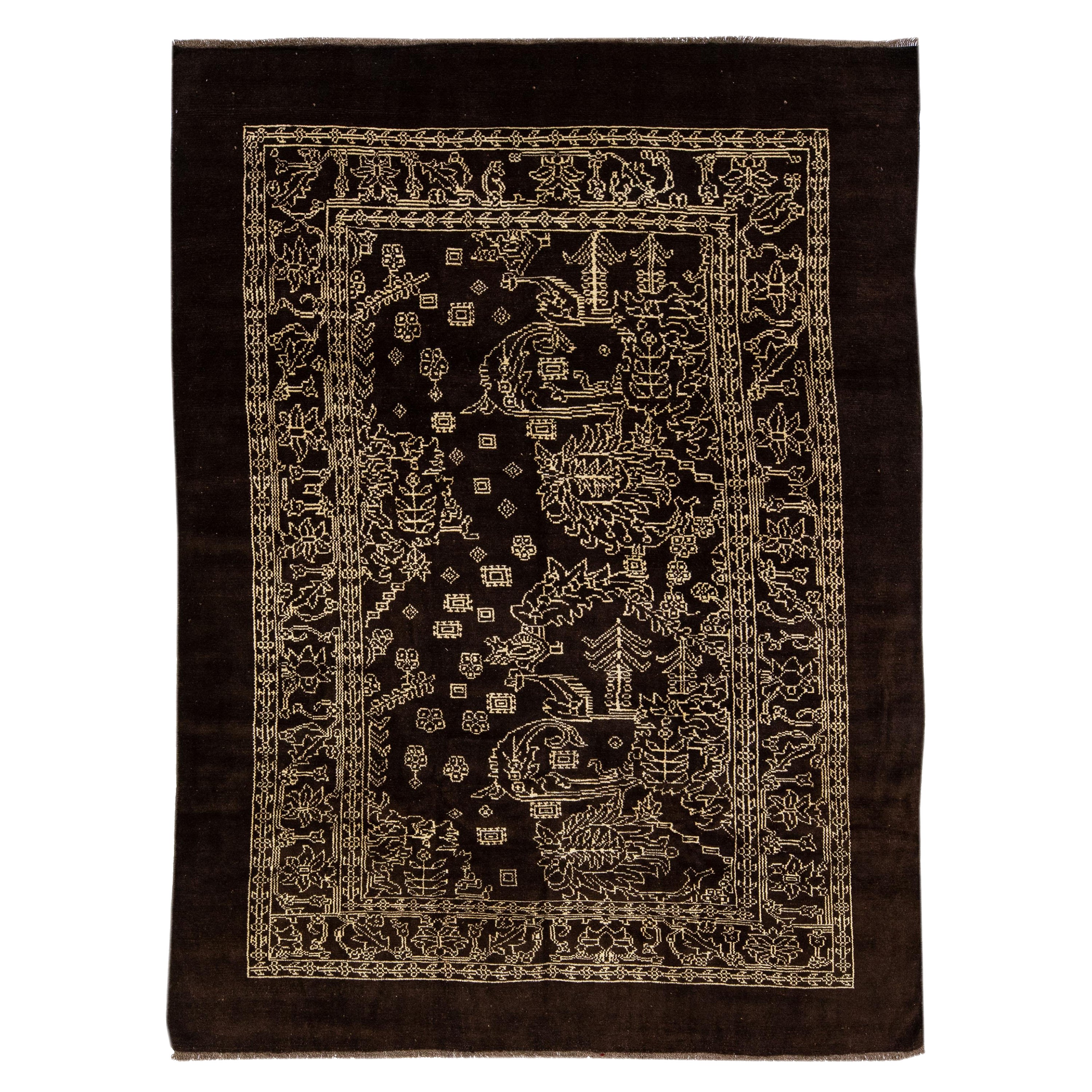 Transitional Handmade Allover Motif Brown Wool Rug by Apadana For Sale