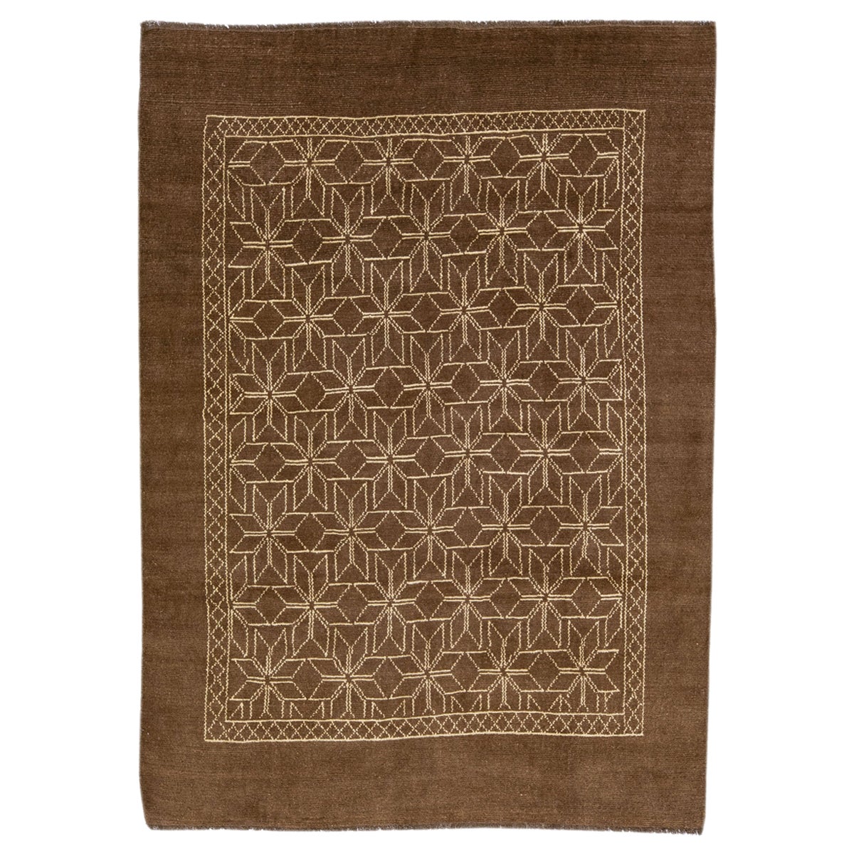 Modern Moroccan Style Handmade Geometric Pattern Brown Wool Rug by Apadana For Sale