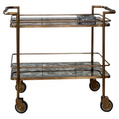 Brass Bar Cart with Aged Mirror and Leather